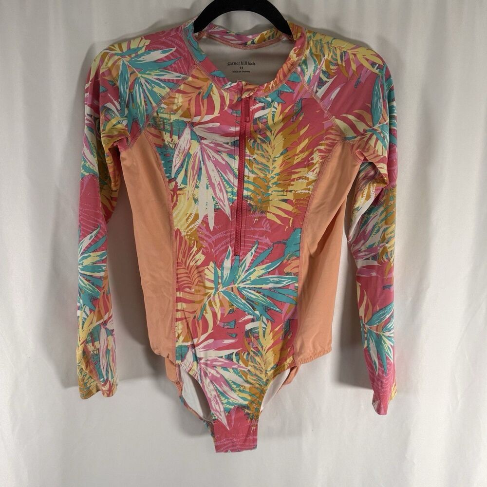 Garnet Hill Kids One Piece Swim Suit Girls 14 Pink Floral Long Sleeve Zip Up